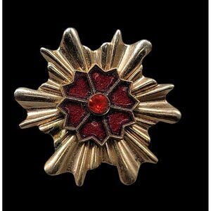 Gold Plated Star Burst Brooch Flower Center Red Rhinestone Accenr Vintage